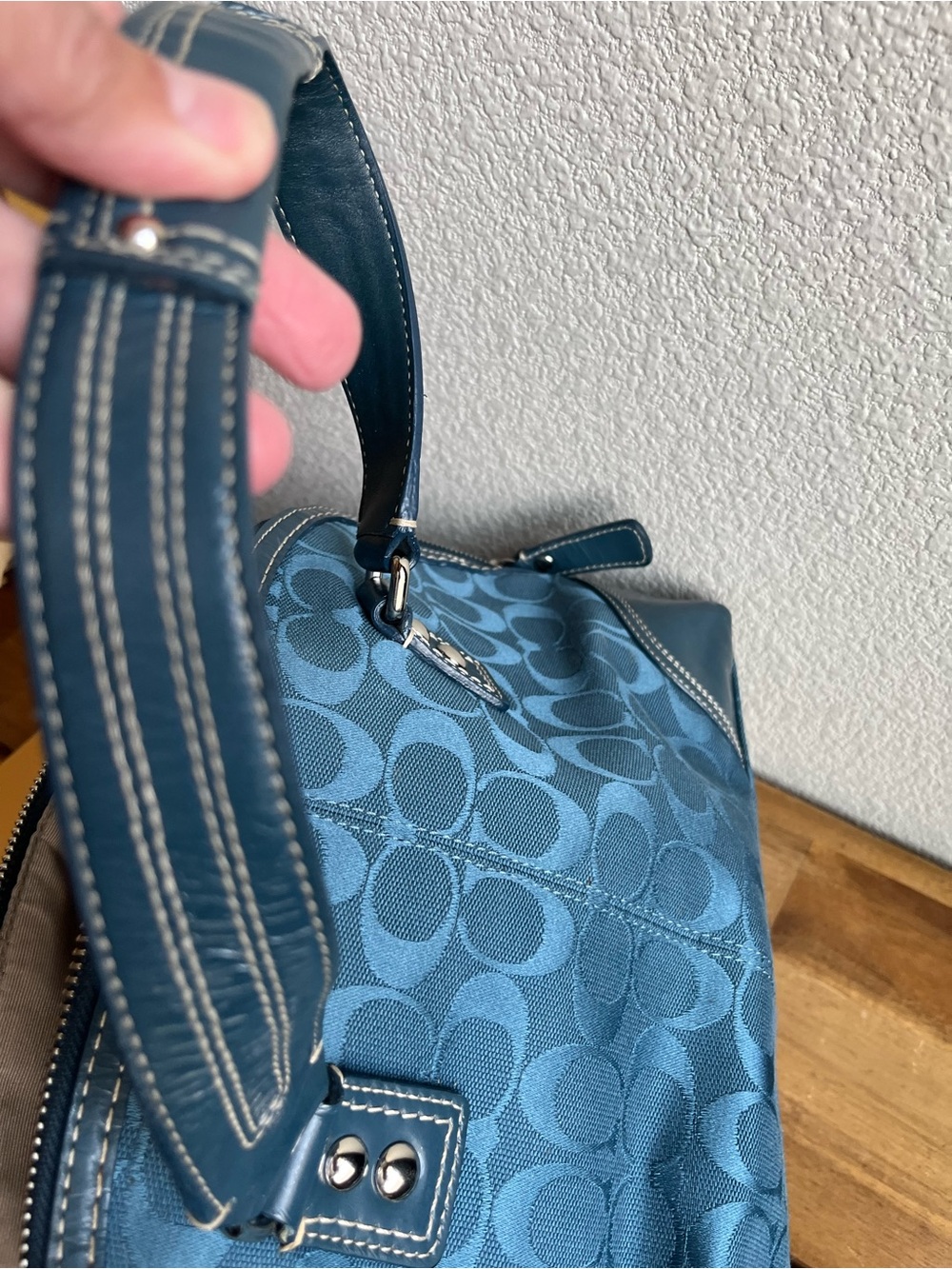 Coach Teal Signature Jacquard Satchel with Front Turn-Lock - Picture 12 of 16